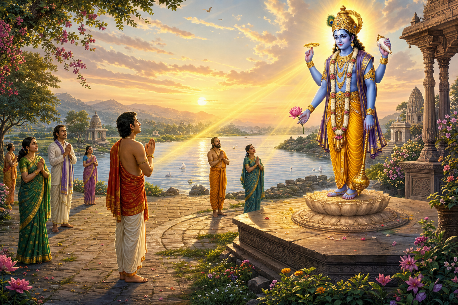 Distinct devotees stand in a vivid river landscape before a radiant four-armed Vishnu figure, with golden light connecting them without merging their forms.