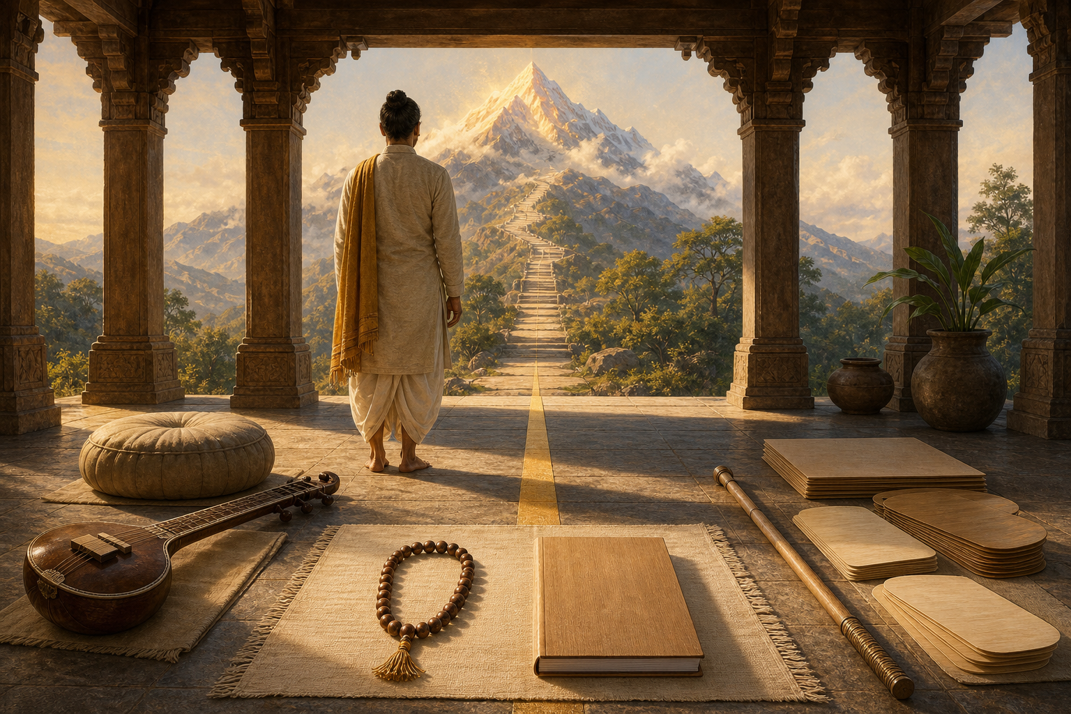 A practitioner in an open pavilion selects prayer beads and a blank notebook while other practice objects remain set aside, with a mountain summit visible ahead.