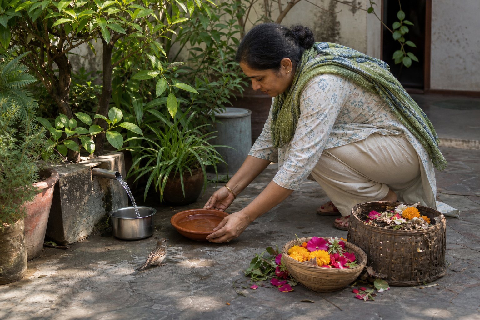 A person places water for a sparrow and sorts flower petals for compost in a plant-filled courtyard.