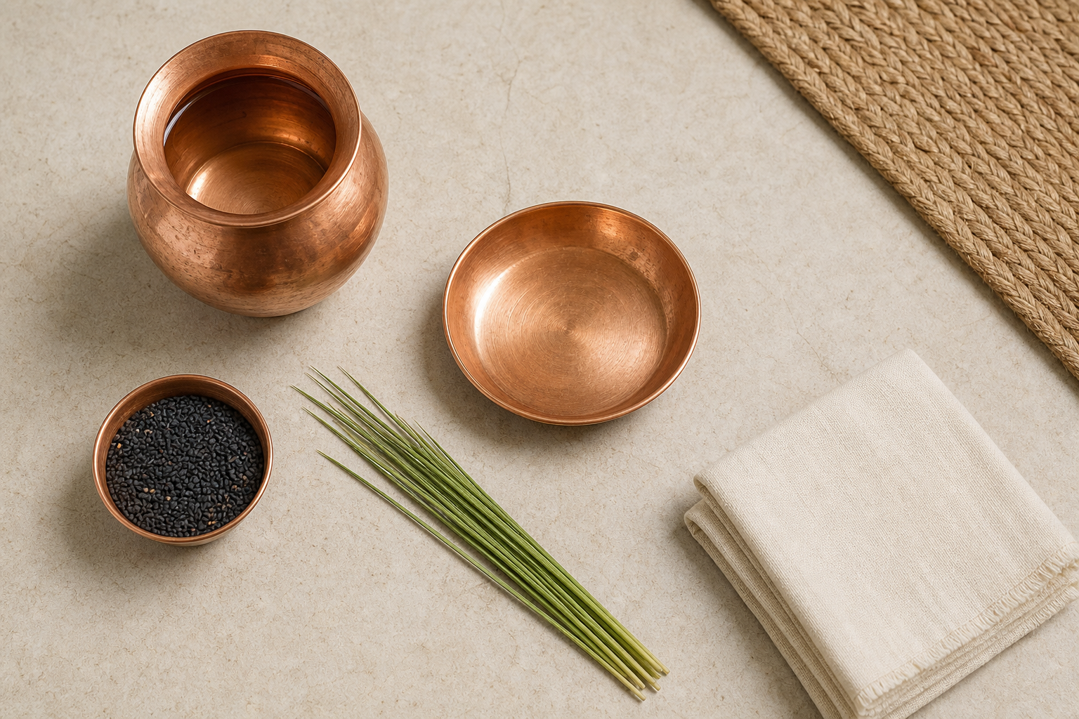 Copper vessels, black sesame seeds, darbha grass, a folded cotton cloth, and a natural-fiber mat are arranged on a clean stone surface.