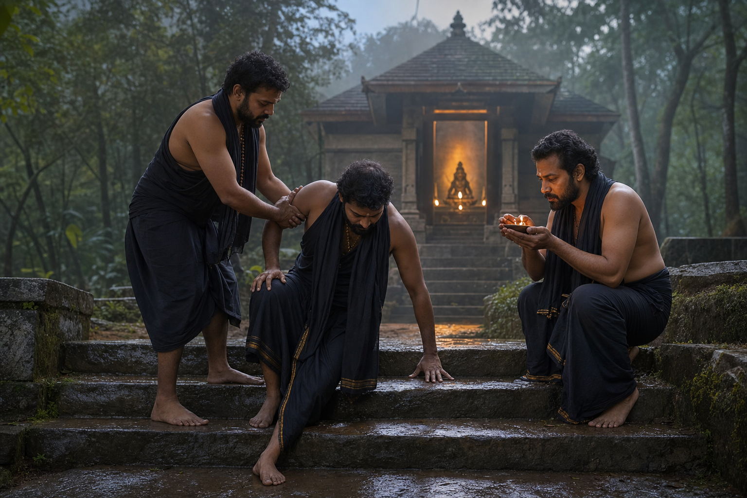 At dawn outside a forest temple, one pilgrim helps another on wet stone steps while a lamp-lit image of seated Ayyappa is visible through the sanctum doorway.