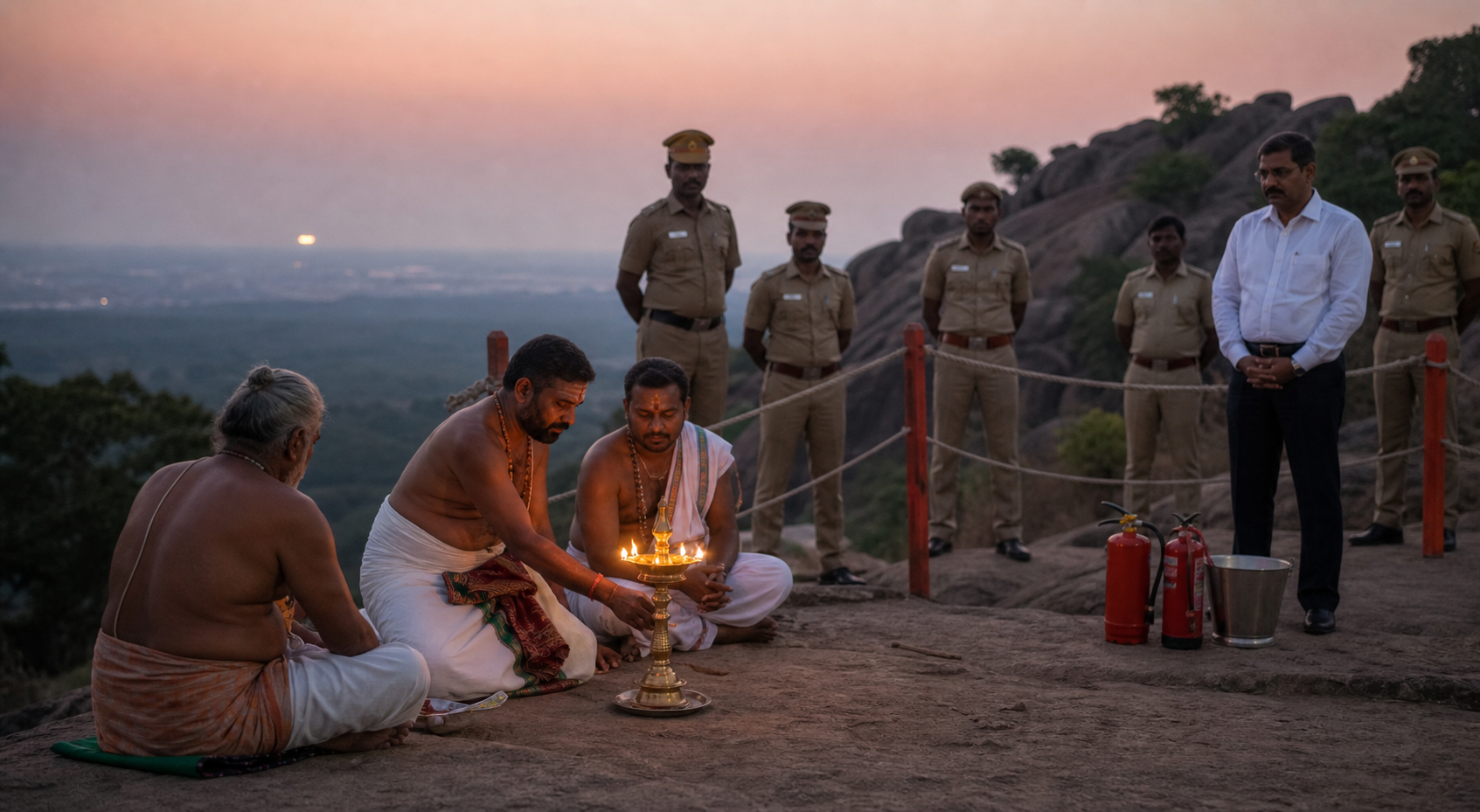 A small group conducts an oil-lamp ritual within a guarded perimeter on a rocky hillside at dusk.