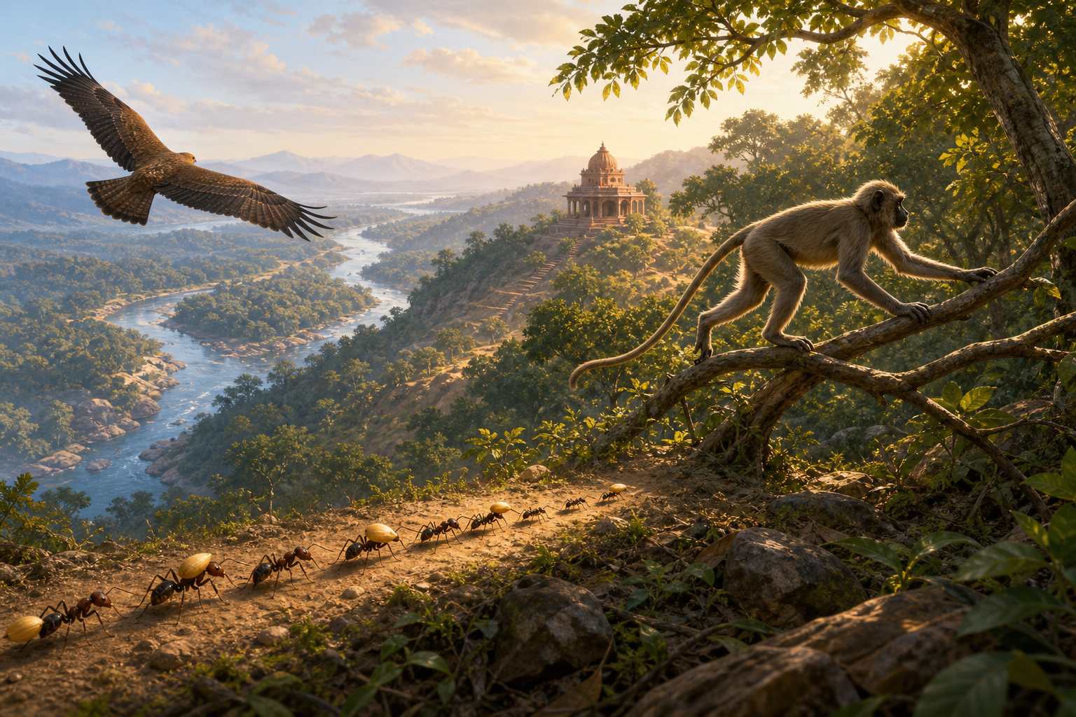A bird circles above a broad landscape, ants carry seeds along a path, and a monkey moves between connected tree branches.