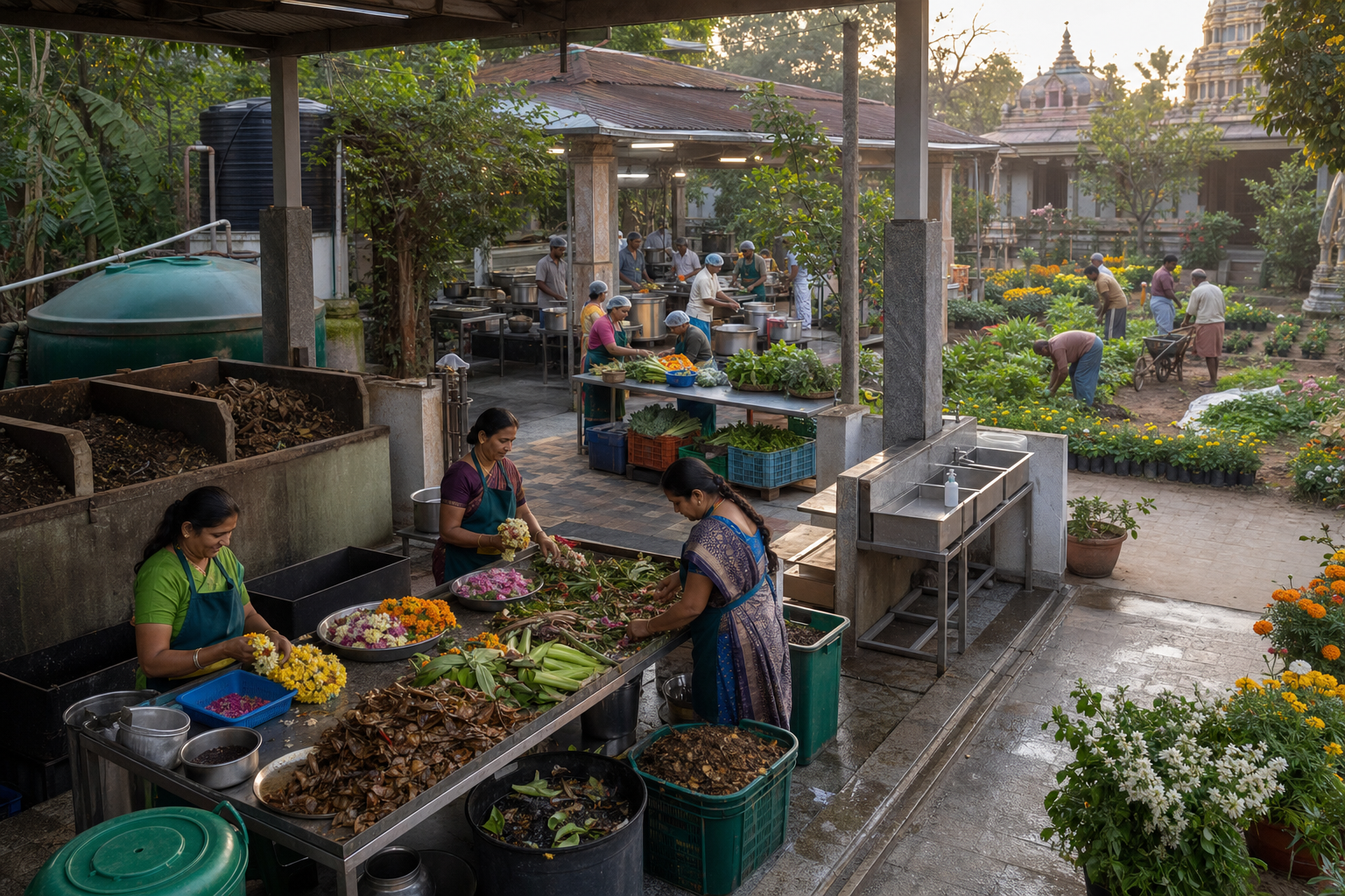 Volunteers sort flowers and kitchen scraps near composting and biogas facilities while cooks prepare food and gardeners tend vegetable and flower beds.
