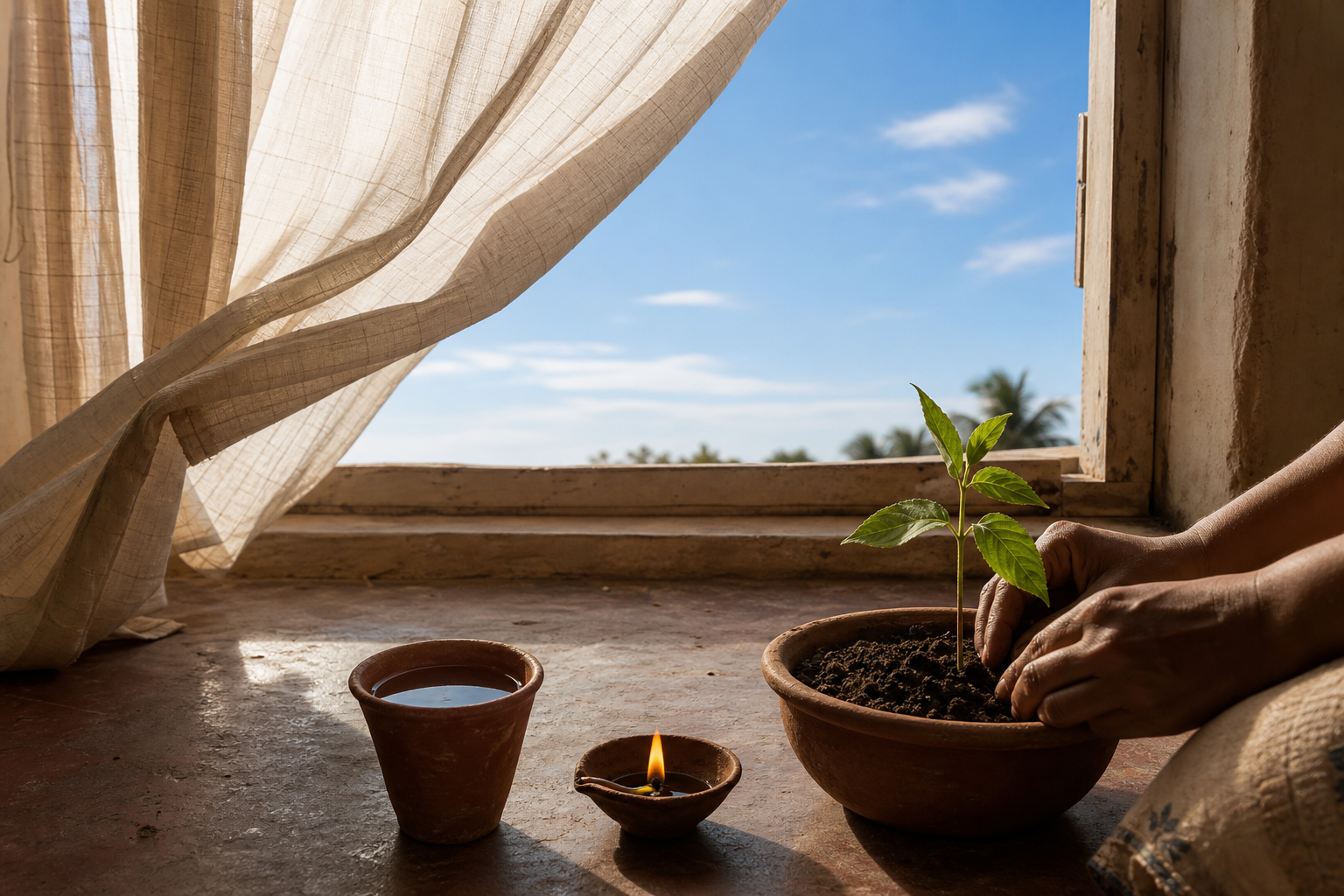 Water, a small flame, soil with a seedling, a wind-stirred curtain, and open sky are arranged on a veranda.