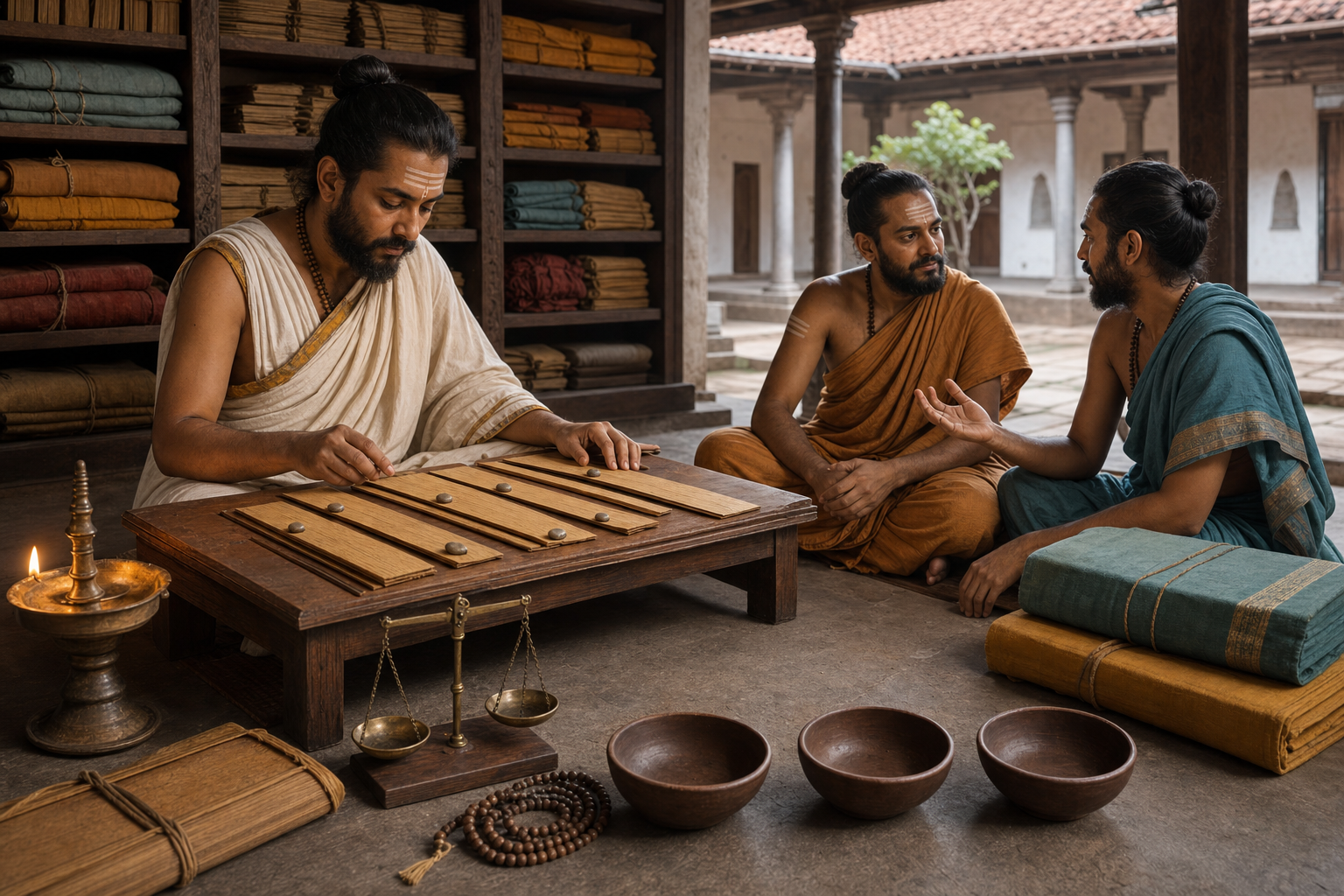 Three scholars calmly compare organized palm-leaf manuscript bundles at a low desk in a lamplit monastic library.