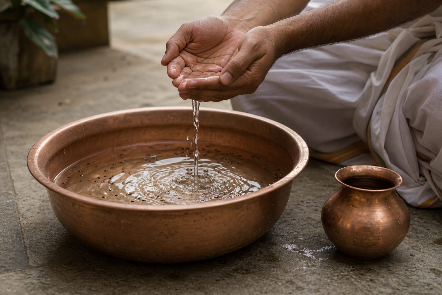 Cupped hands release water with a few black sesame seeds into a copper basin during a quiet home offering.