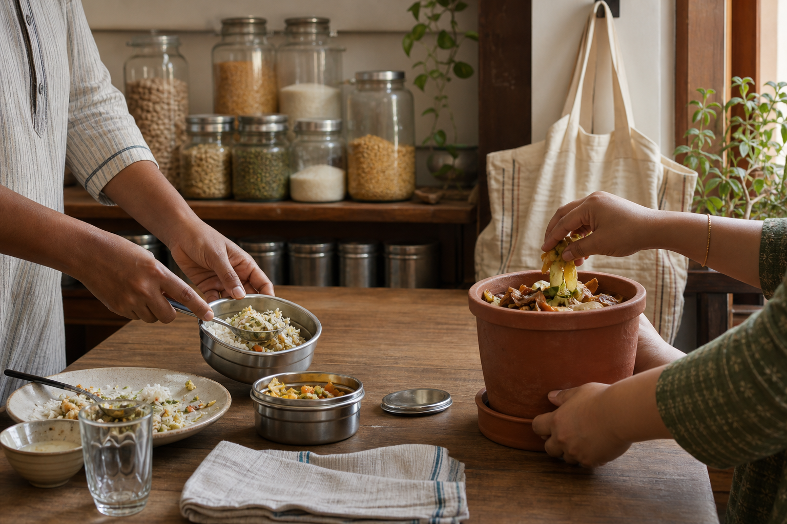 Hands store leftover food in steel containers while vegetable peels are placed in an earthen compost pot.
