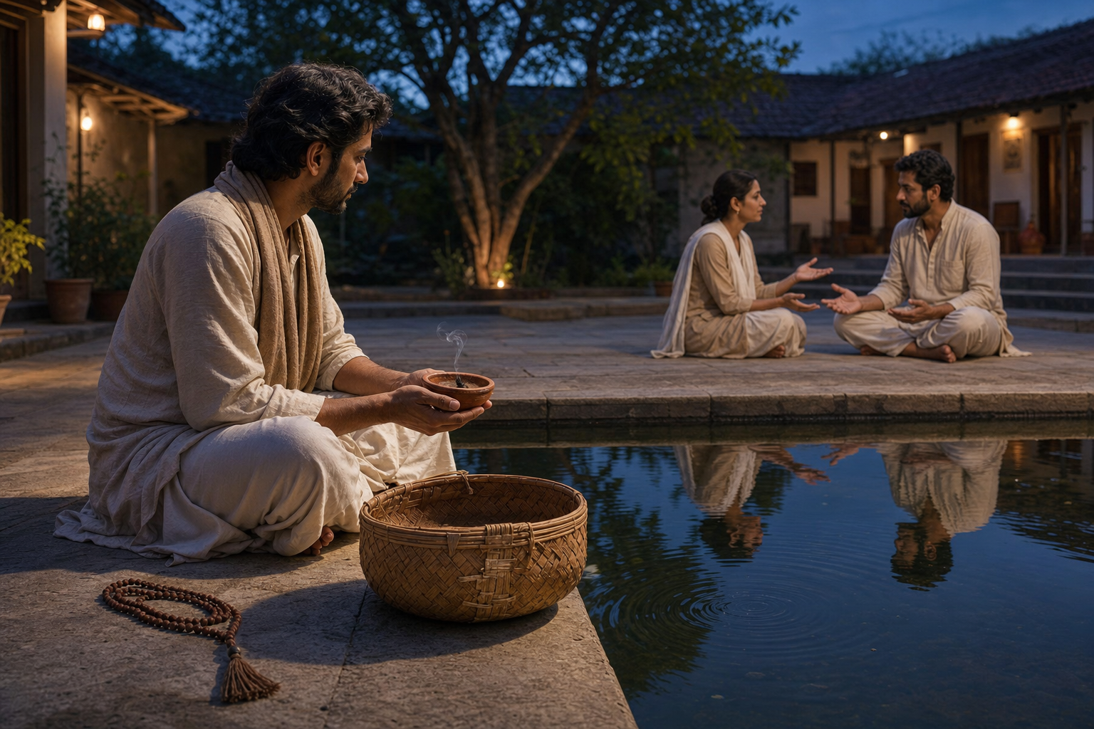 A practitioner reflects beside a water basin while nearby people speak calmly and repaired household objects rest in an ashram courtyard.