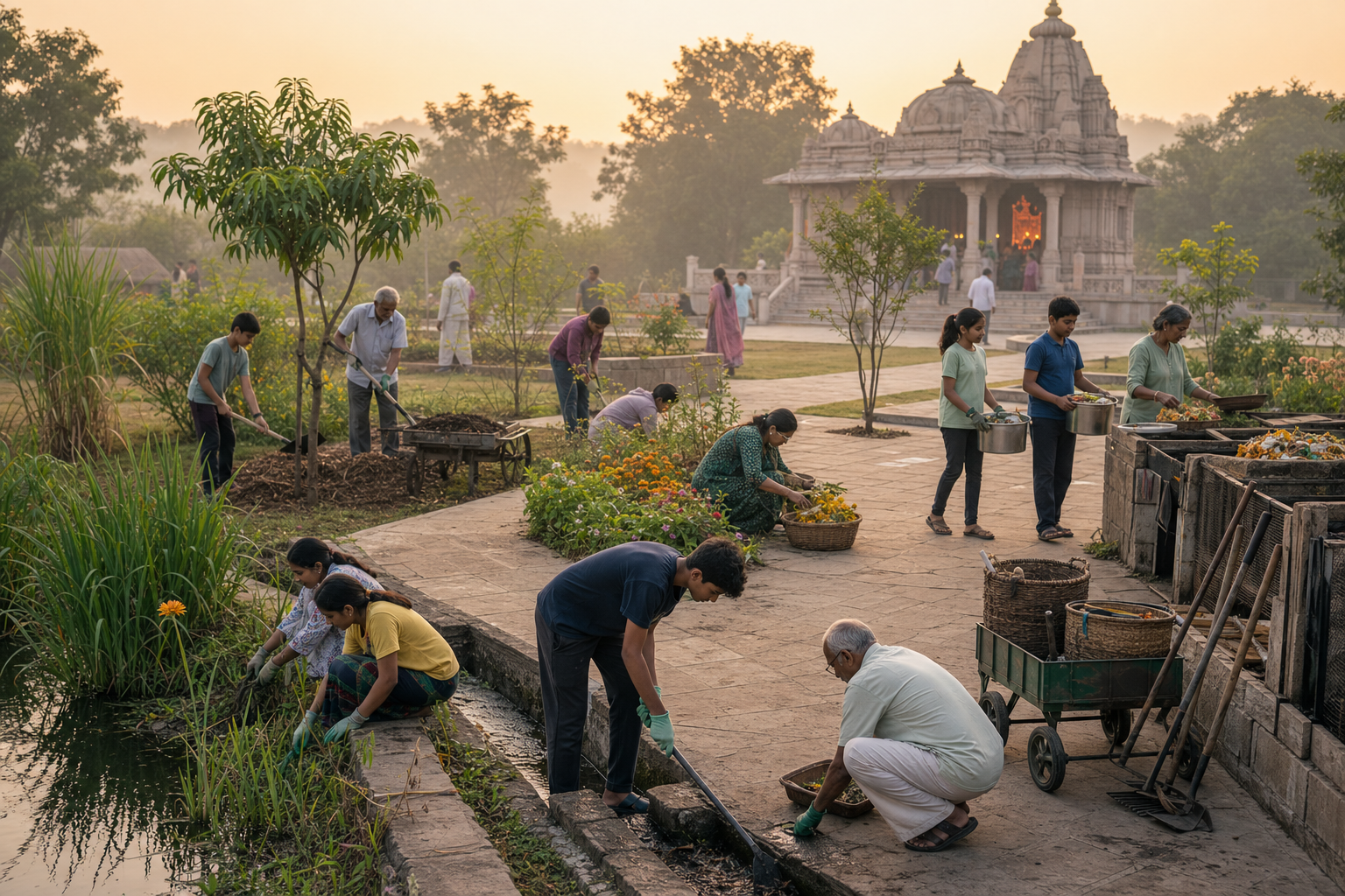 Intergenerational volunteer teams clean a rainwater channel, tend wetland plants and fruit trees, gather flowers, and carry organic scraps near a temple at dawn.