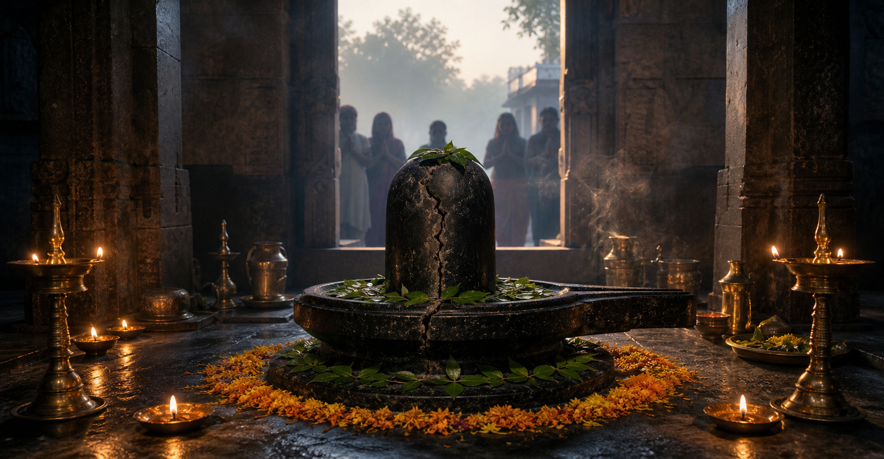 Editorial illustration of a visibly fractured dark-stone Shivling worshipped with bilva leaves, flowers, and oil lamps inside an old temple sanctum.