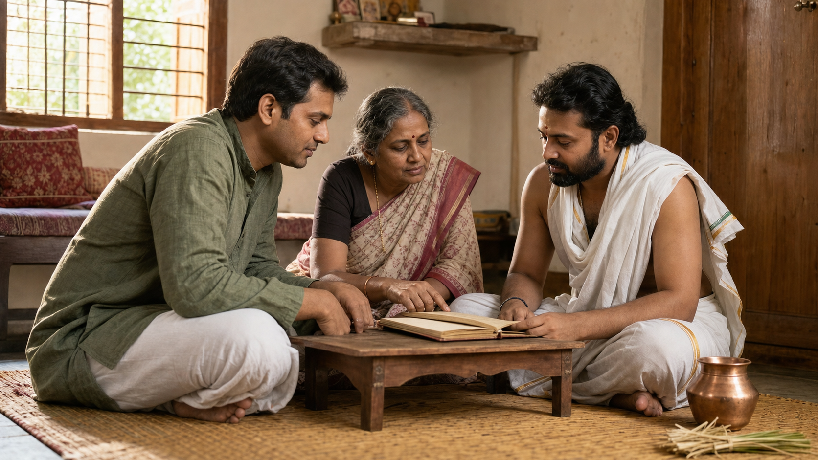 Three adults consult together at a low table beside an open ritual notebook, a copper water vessel, and darbha grass in a sunlit home.