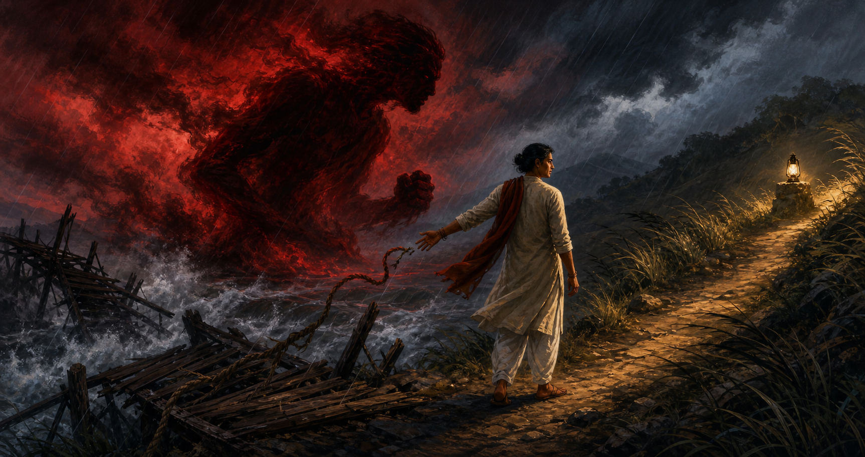 A traveler remains composed beside a broken bridge in a storm while a red smoke-like shadow looms behind and a warm lamp marks a safer path.