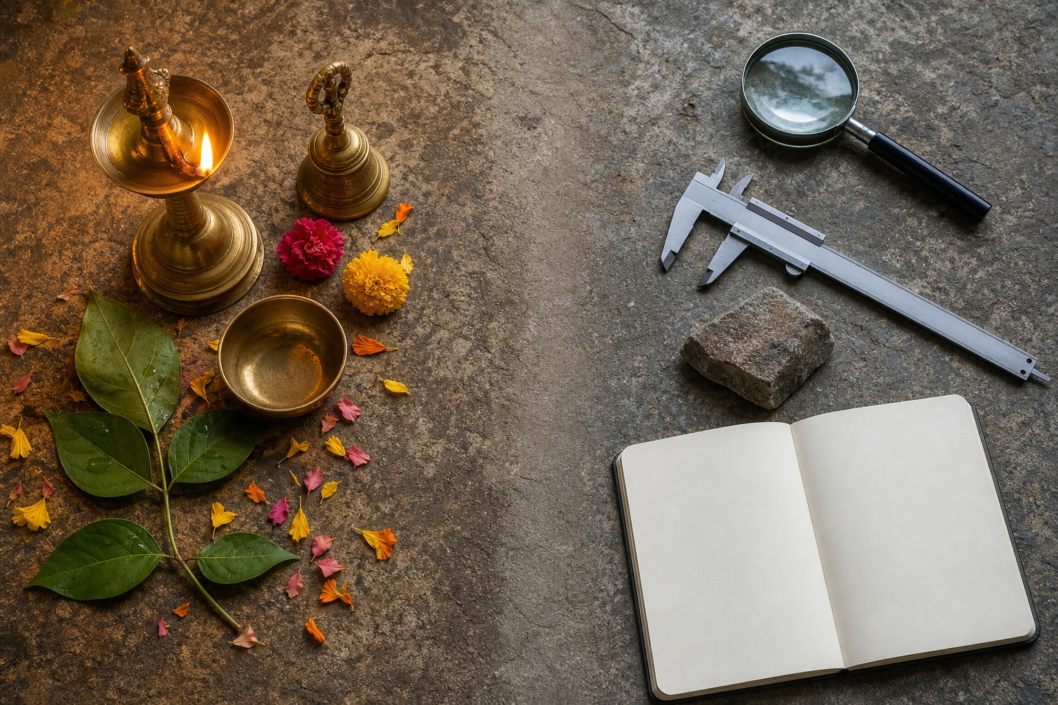An editorial still life places worship objects in warm light beside blank research tools in cool light on the same stone surface.