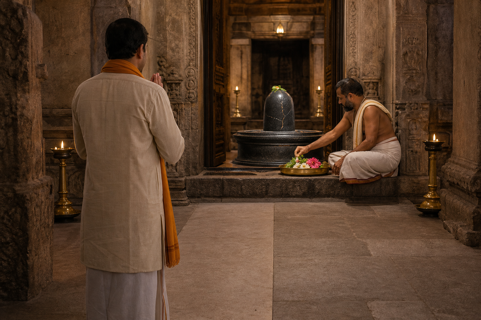 A devotee stands with folded hands while a temple attendant places flowers beside, rather than on, a fractured Shivling.