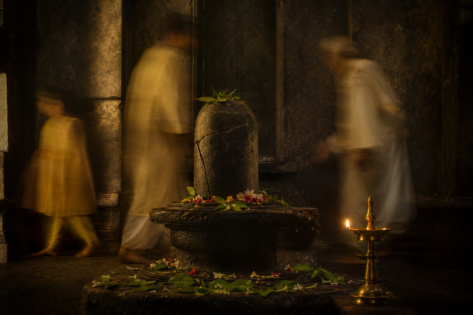 A fractured Shivling remains in sharp focus as softly blurred worshippers of different generations pass through the lamp-lit sanctum.