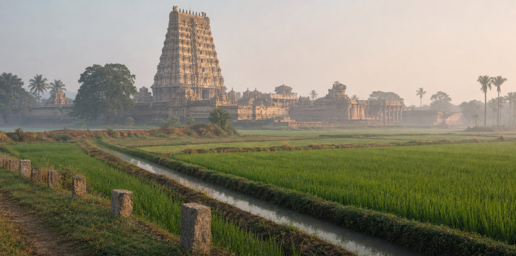 A Dravidian temple gopuram rises beyond divided paddy fields, irrigation channels and stone boundary markers in coastal Tamil Nadu.
