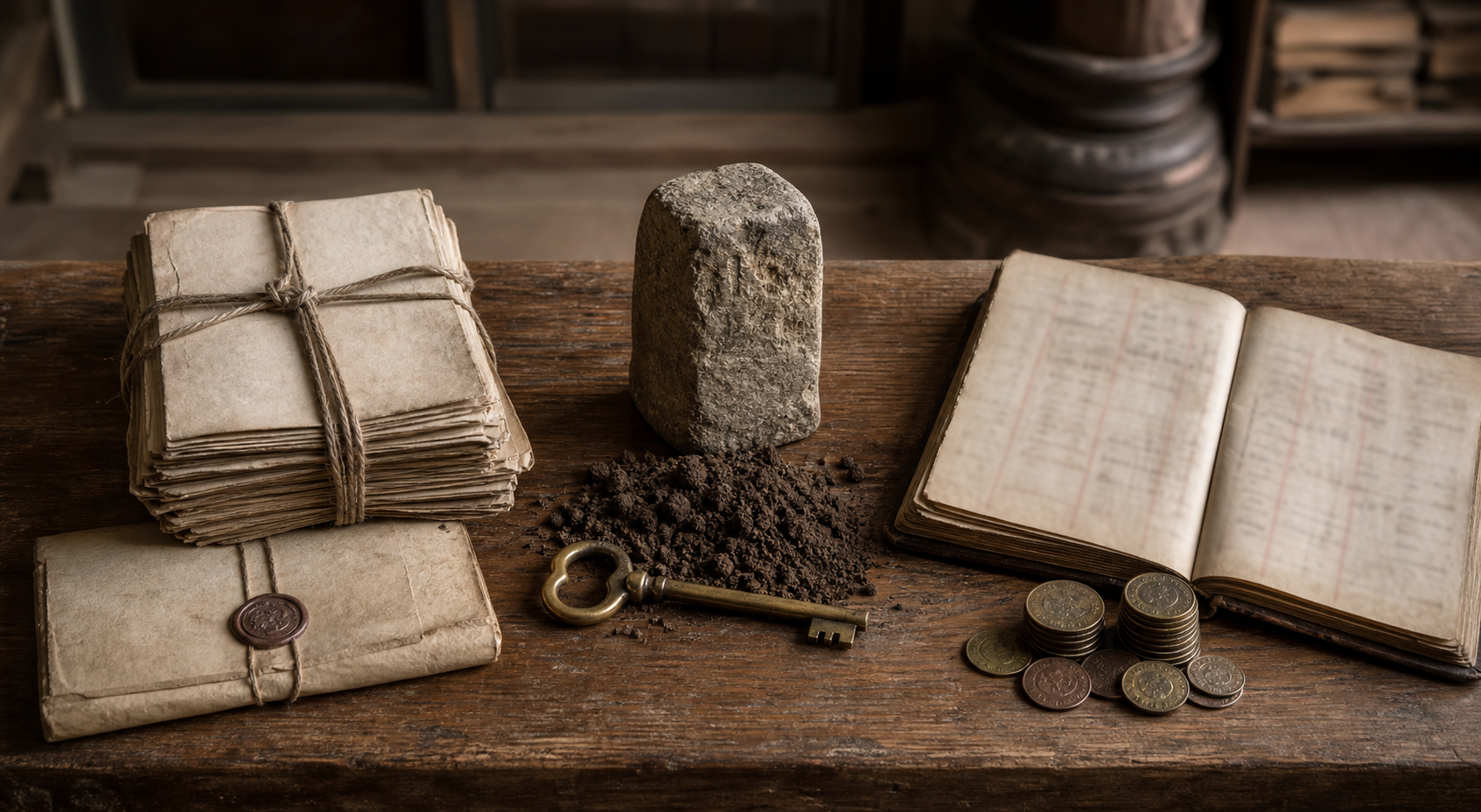 Three groups on a wooden table show bundled records, a boundary stone with soil and a key, and an open ledger beside coins.