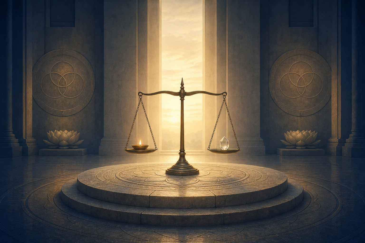 An empty stone hall with a balanced scale holding a glowing lamp and a clear crystal beneath a beam of morning light.