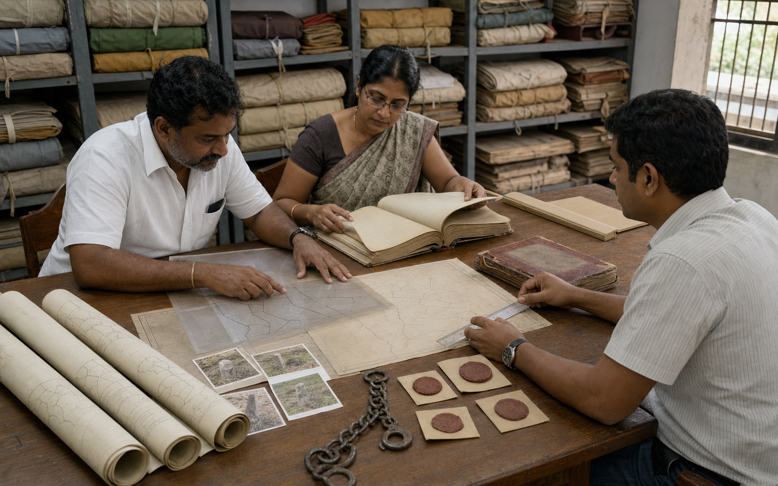 An archivist, surveyor and temple administrator compare maps, registers, document files and surveying tools in a records room.