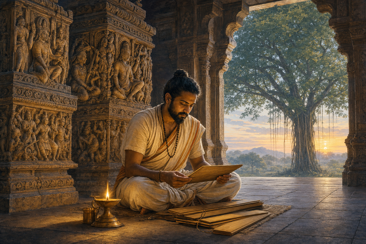 A seated seeker studies palm-leaf folios by an oil lamp in a stone pavilion with carved pillars, a banyan tree, and the dawn sky beyond.