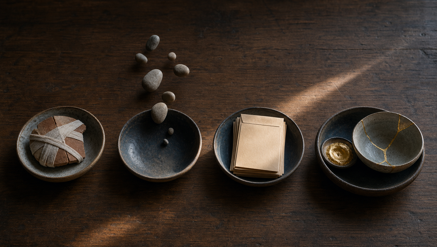 Four separate vessels hold a bandaged clay fragment, curved pebbles, blank evidence envelopes, and materials for repairing a ceramic bowl.
