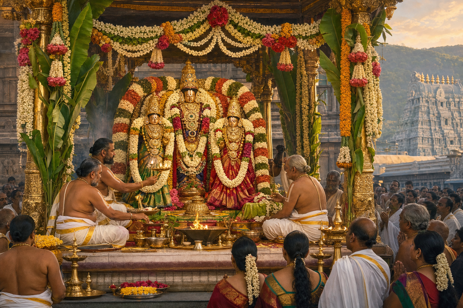 Festival icons of Malayappa Swami, Sridevi and Bhudevi are displayed beneath a flower-covered pavilion as priests conduct a ceremonial divine wedding in Tirumala.