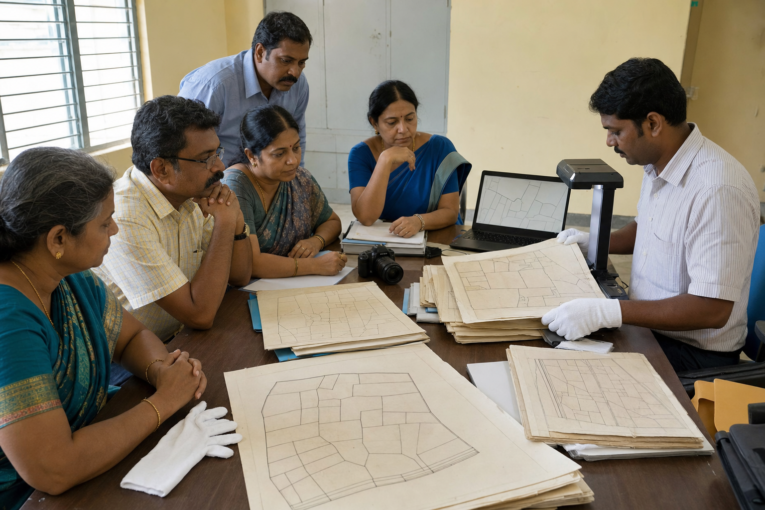 Residents and a records clerk scan land plans and compare property files during a public documentation workshop.