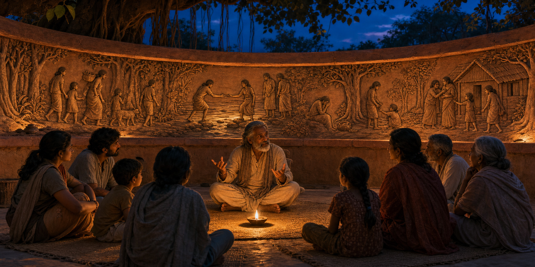 Adults and children listen to a storyteller in a lamp-lit courtyard as a sculptural frieze behind them depicts several moments of a journey.