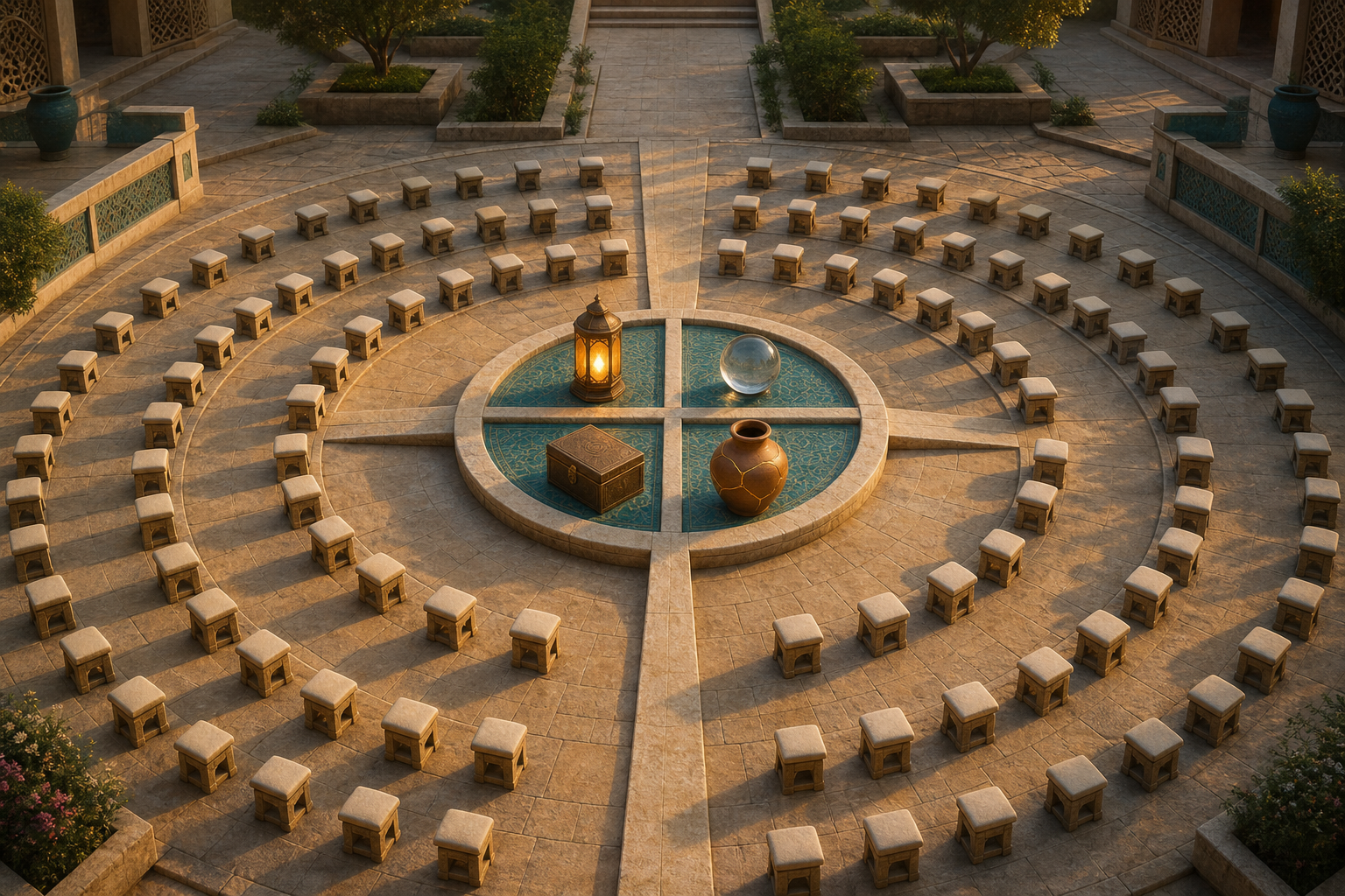 Concentric rings of empty seats have distinct paths leading to a lantern, glass lens, sealed box, and repaired clay vessel in a courtyard.