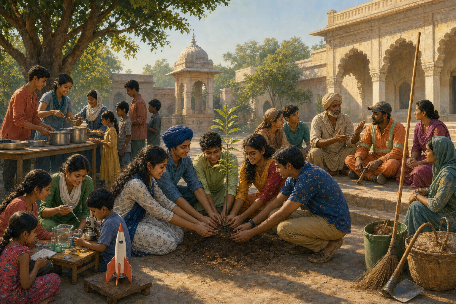 Young people in an Indian civic courtyard serve food, teach children, listen to workers, and gather around a newly planted sapling.