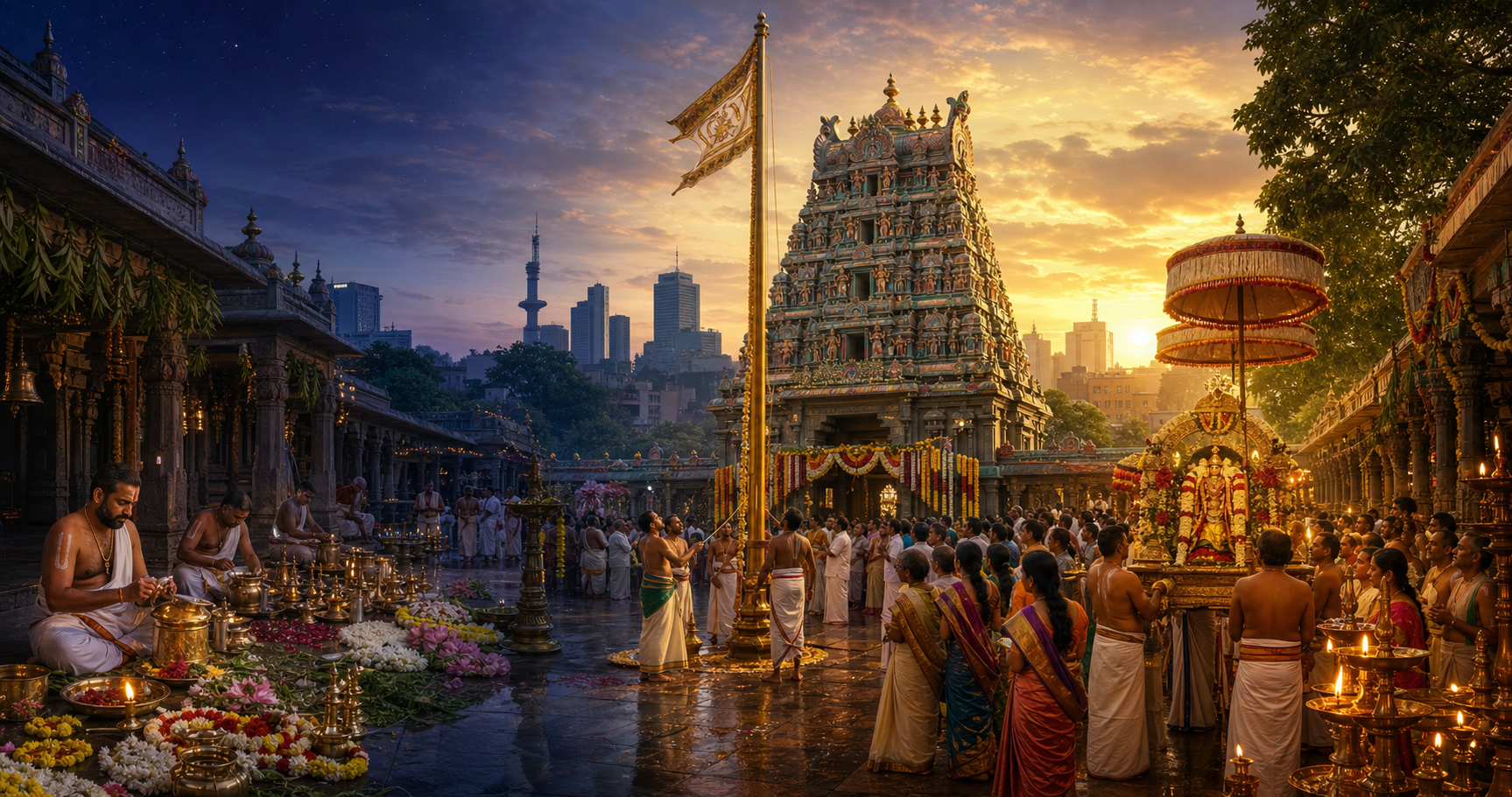 A Delhi temple courtyard shows priests preparing ritual objects, a ceremonial flag being raised and an evening festival procession returning under parasols.