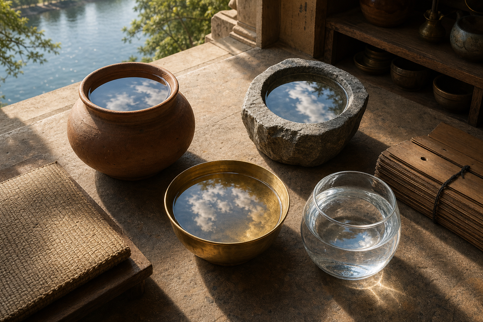 Clay, brass, stone, and glass vessels filled with water reflect the sky beside a meditation seat and closed palm-leaf folios.