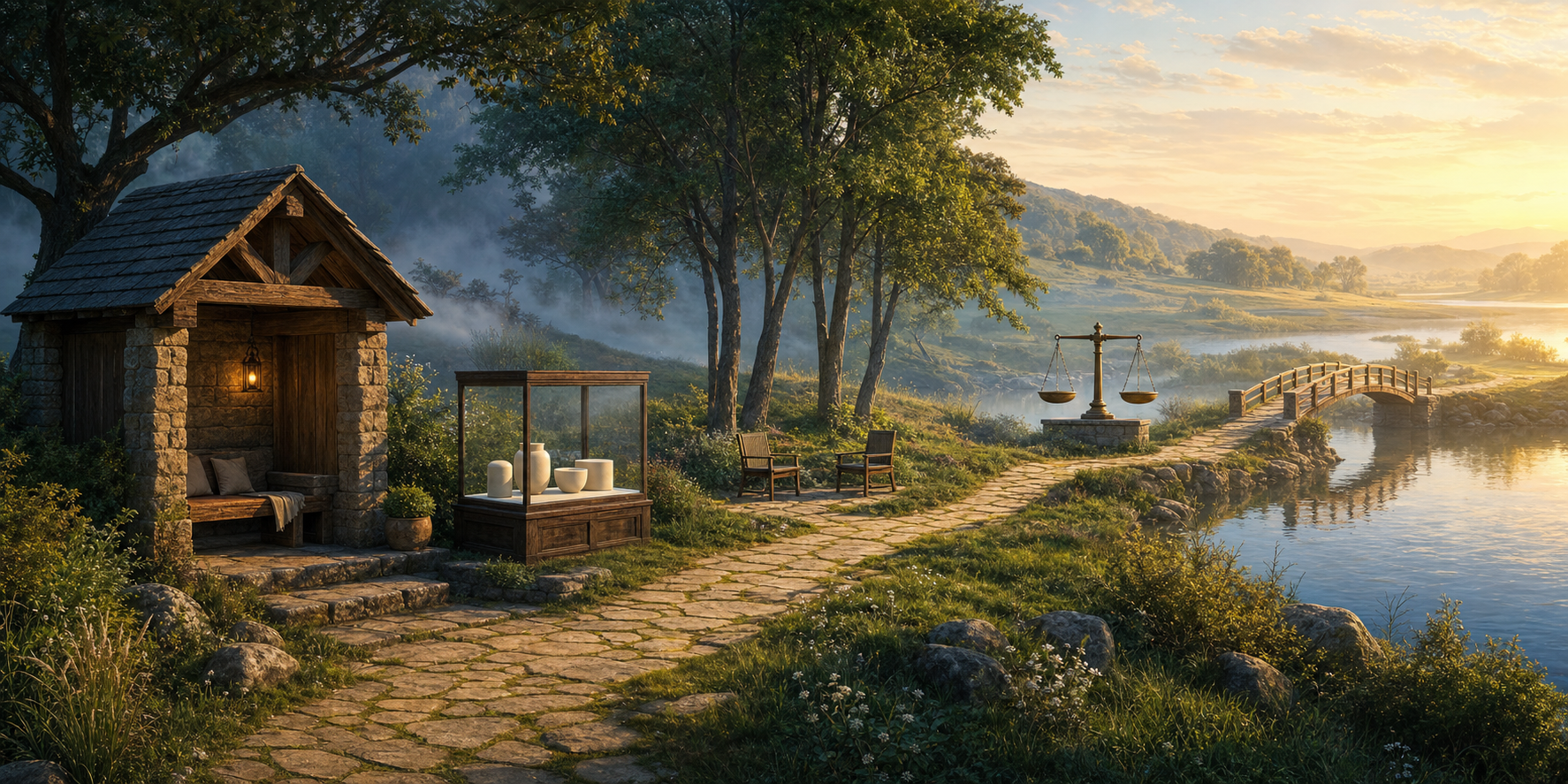 A stone path moves from a lit shelter past a glass case, two empty chairs, a balanced scale, and a repaired bridge over calm water.