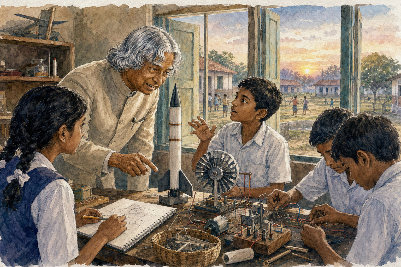 A.P.J. Abdul Kalam guides a group of students through a hands-on science demonstration in a modest school laboratory.