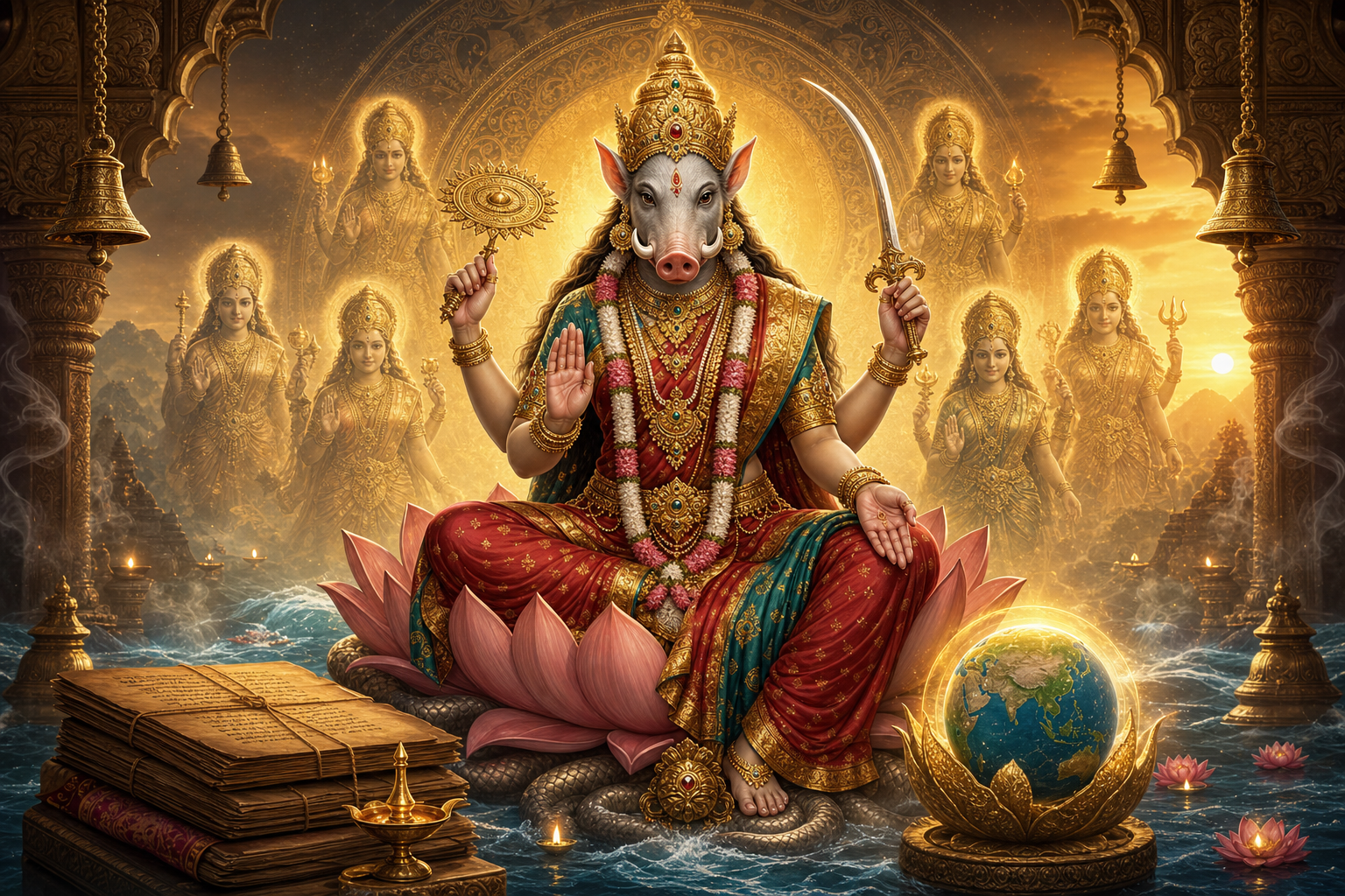 Varahi Devi seated on a lotus with chakra, sword, scriptures, temple bells, and glowing earth motif