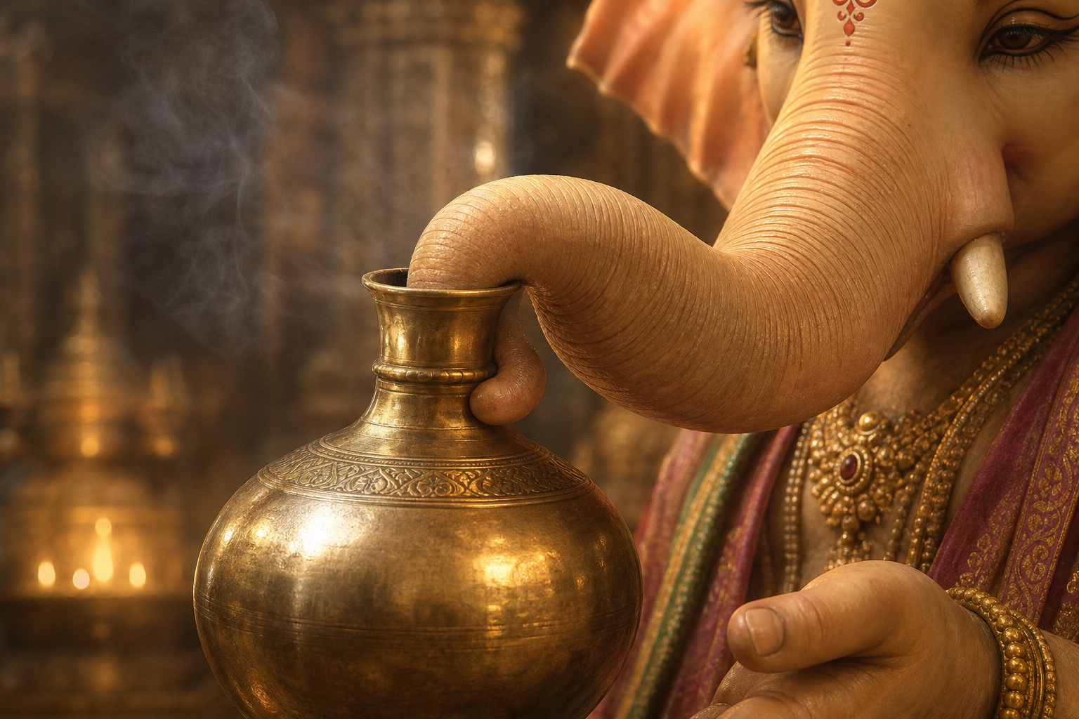 Close view of Ganesha's curved trunk delicately steadying a small upright kalasha by its neck.