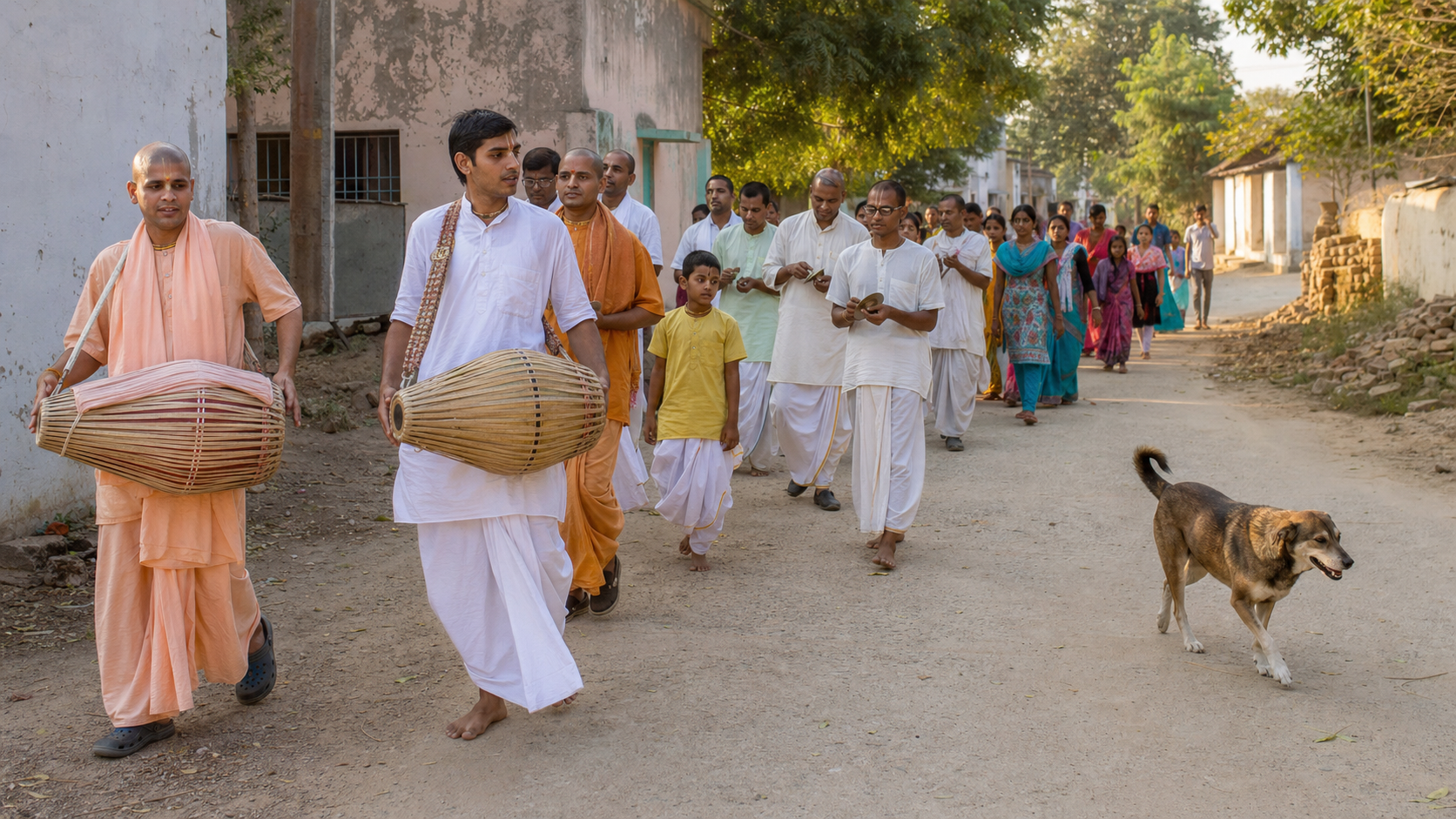 Village kirtan participants give a street dog space to walk along the edge of a procession and leave freely.