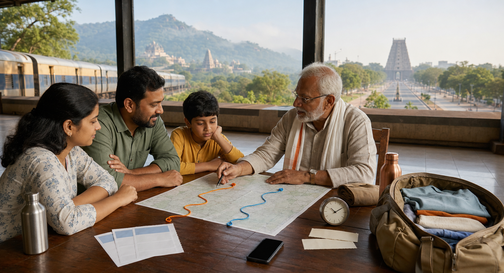 Pilgrims review a flexible travel plan beside packed luggage at a railway station, with routes suggested toward temple hills and New Delhi.