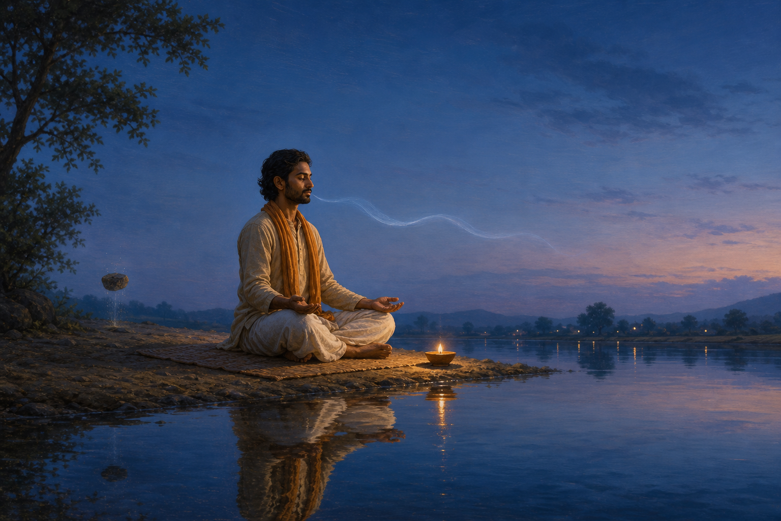 A meditator sits beside a still river and oil lamp while a stone and faint ribbons of light hover nearby.