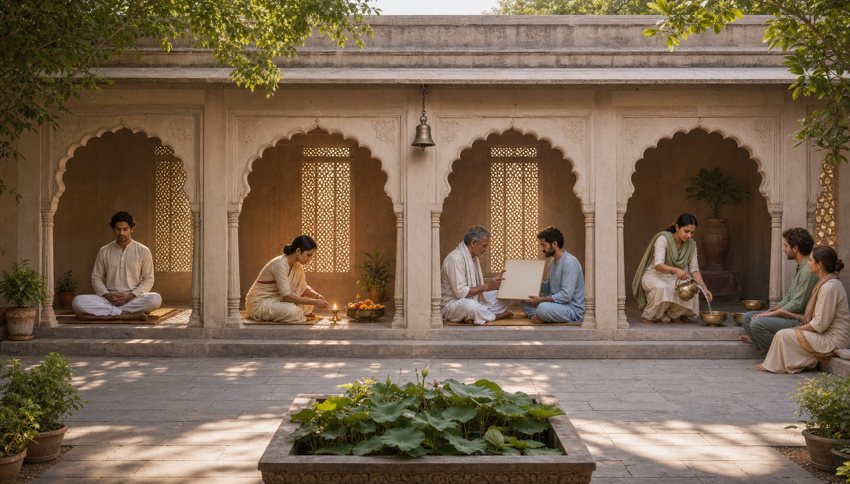 Practitioners meditate, tend a lamp, study with a teacher, and fill water bowls in separate alcoves around one shared courtyard.