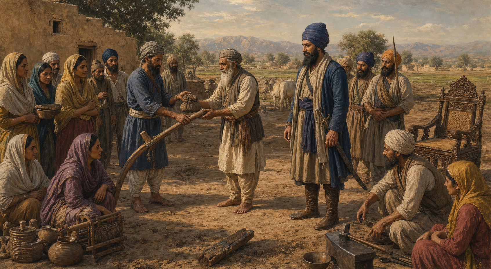 Banda Singh Bahadur stands with Punjabi cultivators during a symbolic transfer of farmland in an eighteenth-century village courtyard.