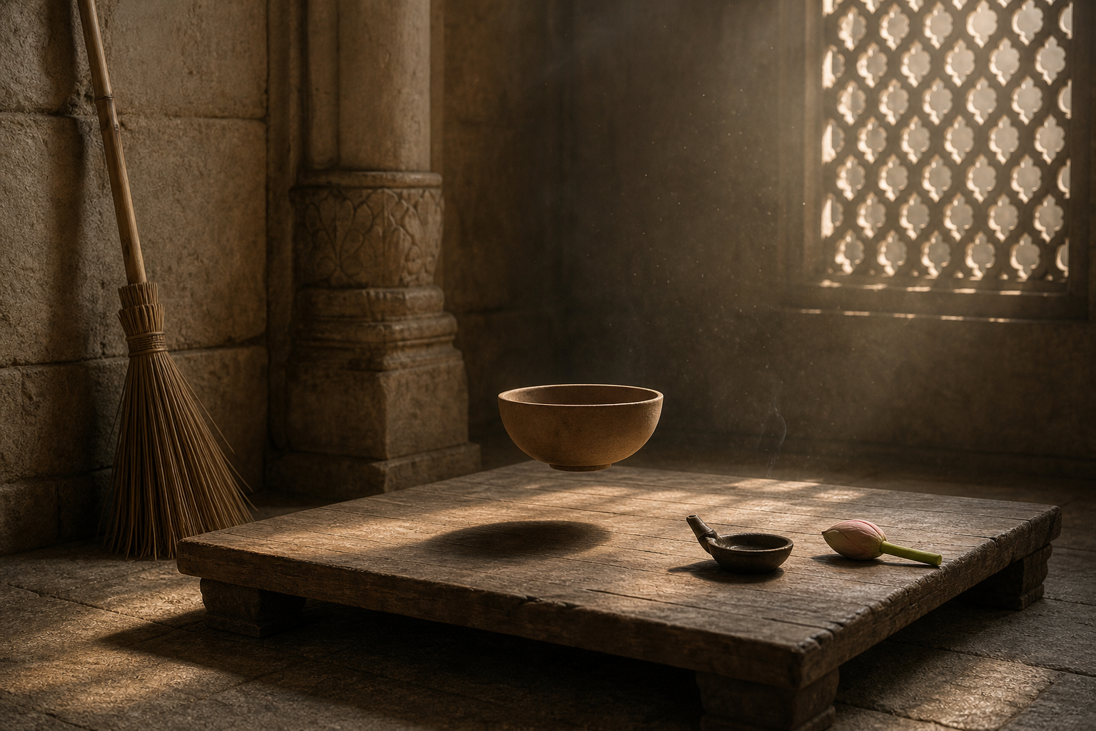 A clay bowl floats above a wooden platform beside an extinguished lamp, a lotus bud, and a broom in a stone hall.