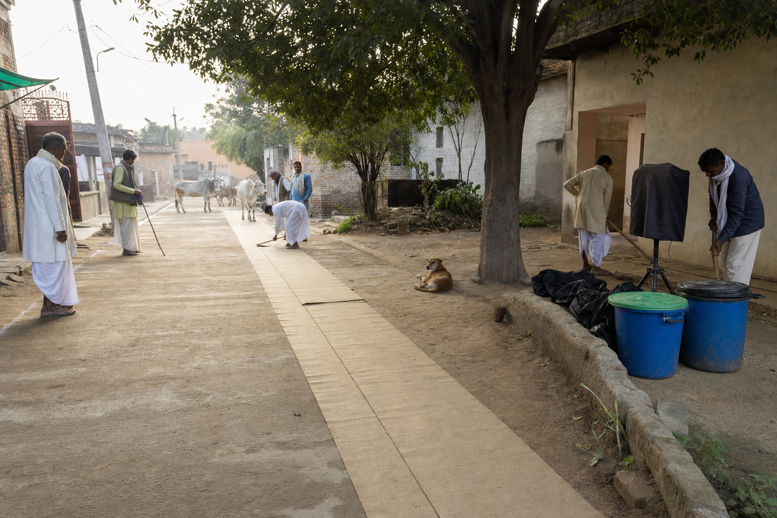Organizers clear hazards and preserve an open side passage while preparing a village lane for a kirtan route.