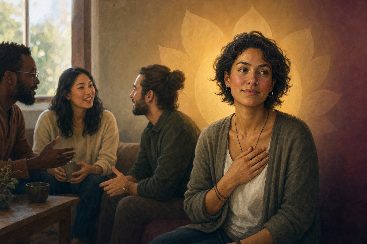 An adult with naturally flushed cheeks sits calmly at a social gathering with one hand over the heart as warm light and subtle petal shapes surround them.