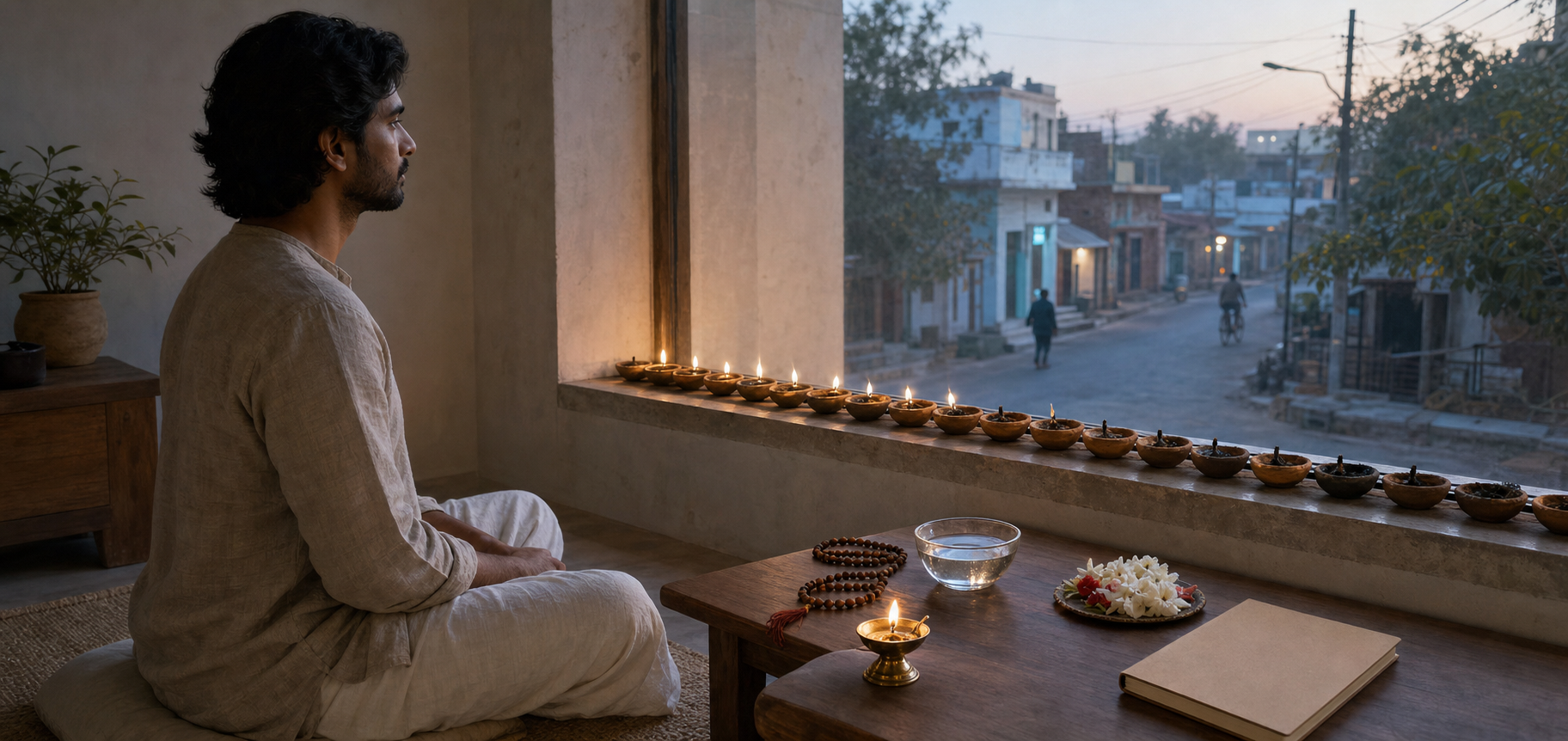 A practitioner sits with prayer beads at a small home altar while a long row of used clay lamps lines the window at dawn.