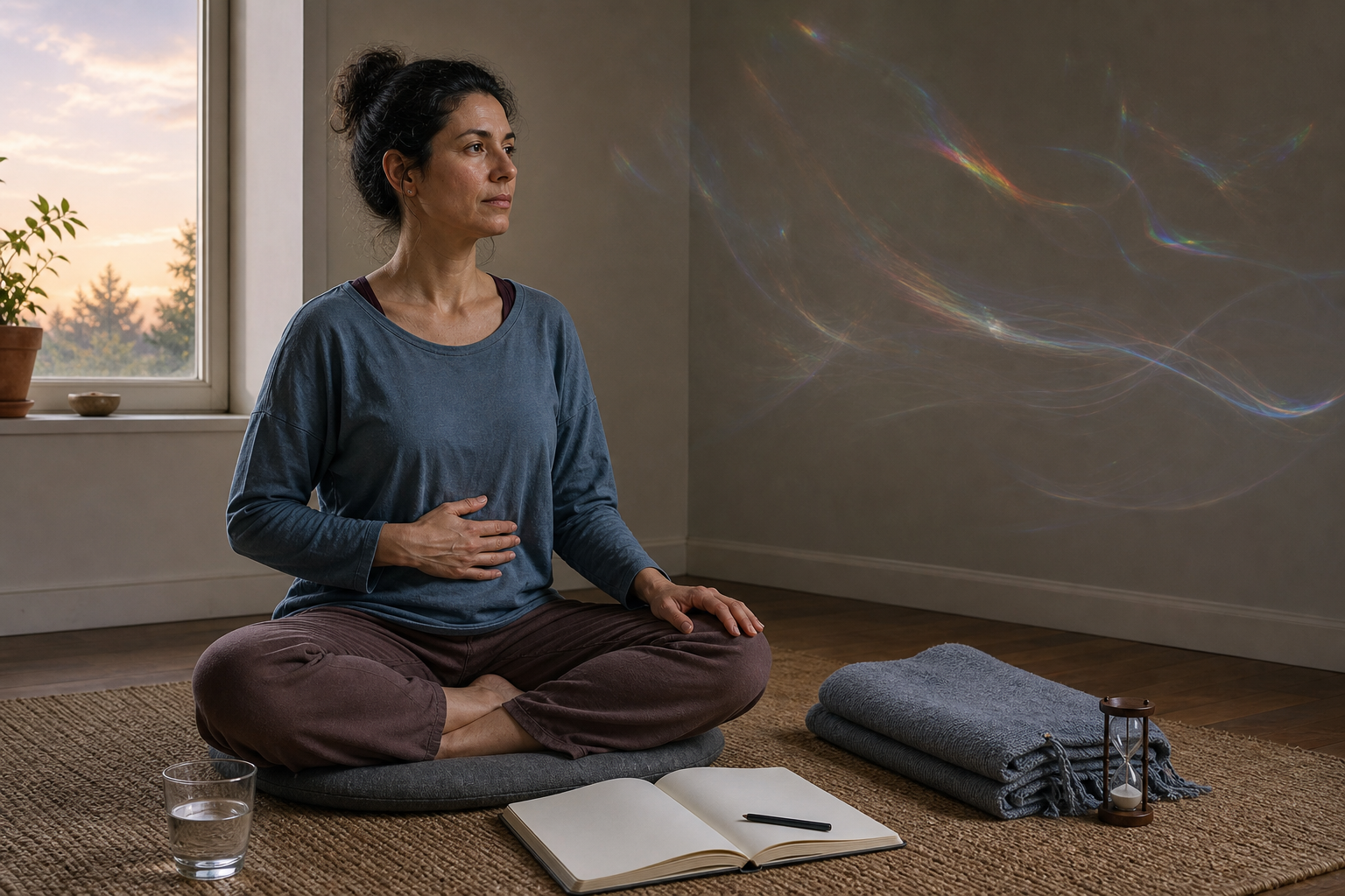 A seated practitioner calmly observes faint colored light while resting one hand on the abdomen beside a cup, blanket, hourglass, and blank notebook.