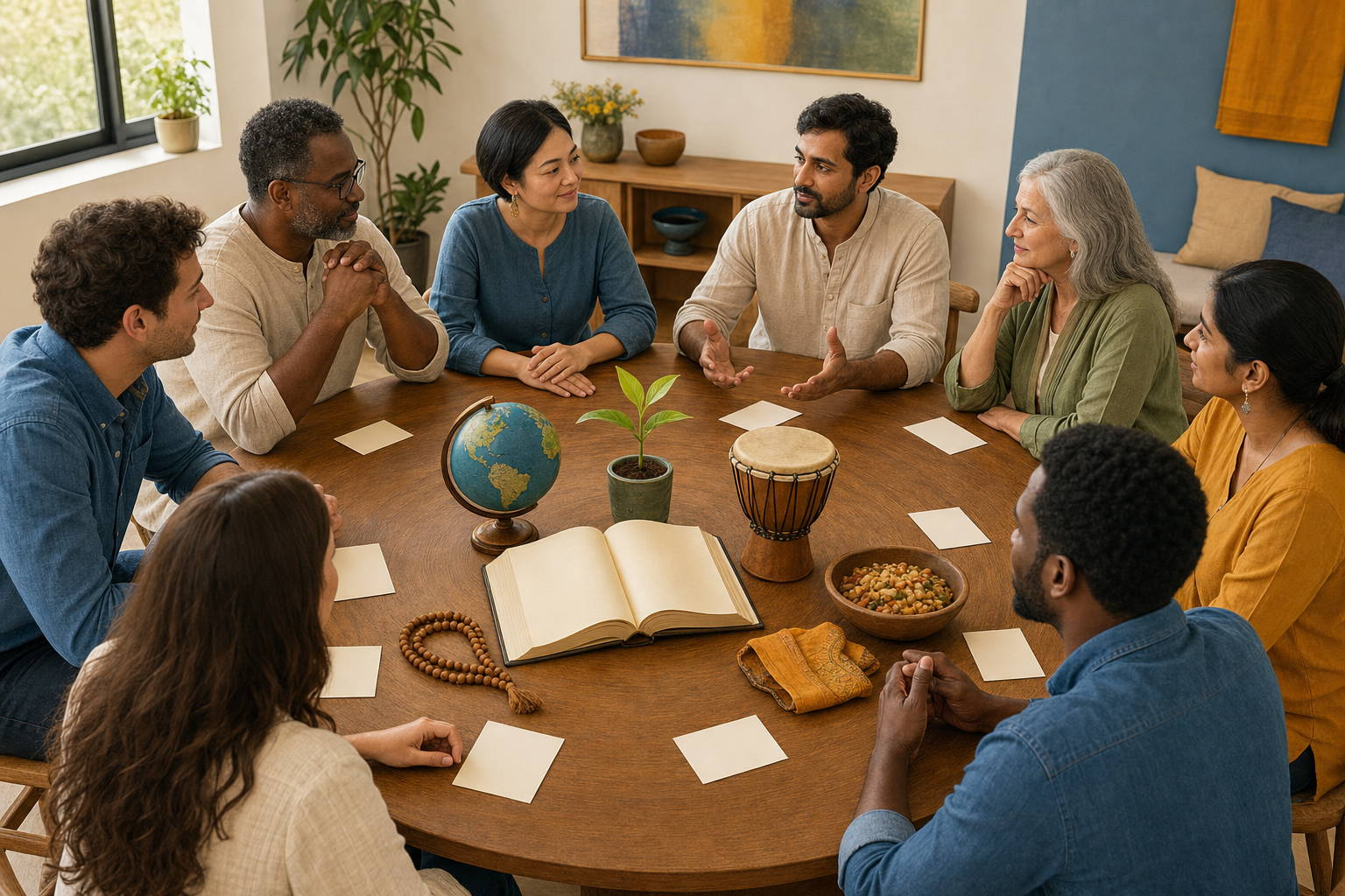 Community members discuss priorities around a circular table holding a globe, drum, prayer beads, food bowl, open book, and seedling.