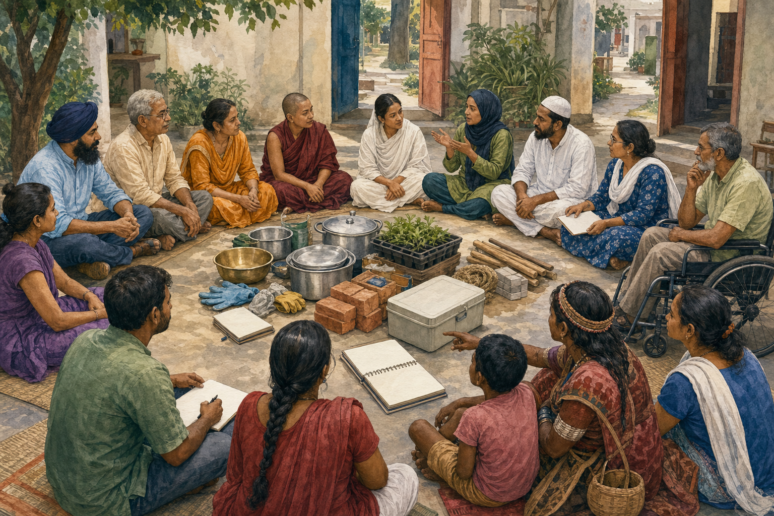 People of different faiths, backgrounds, ages, and abilities sit in a circle and plan a shared neighborhood service project.