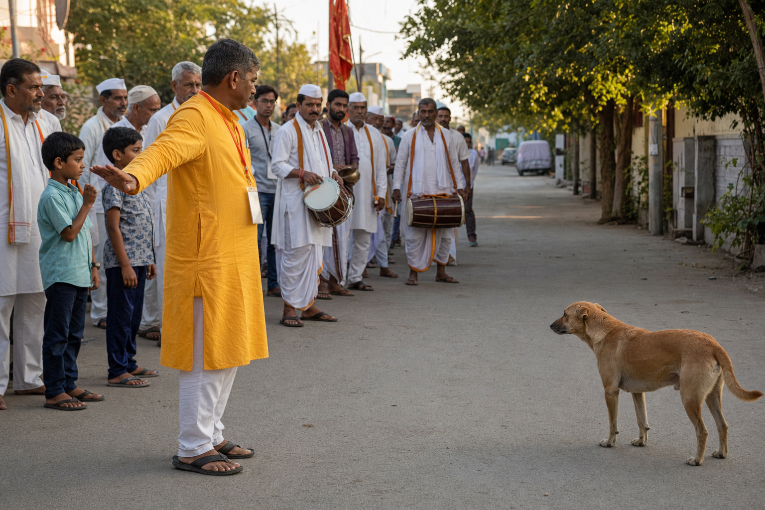 A procession marshal calmly pauses participants and leaves an open exit path for an approaching street dog.